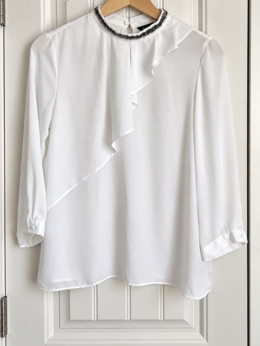 ZARA BASIC White Beaded Collar Asymmetrical Ruffle Blouse Size S